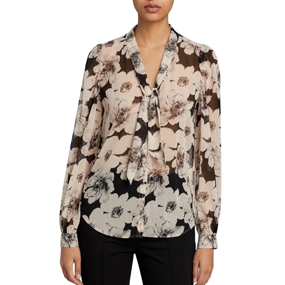 PAIGE Cream and Black Floral Tie-Neck Blouse